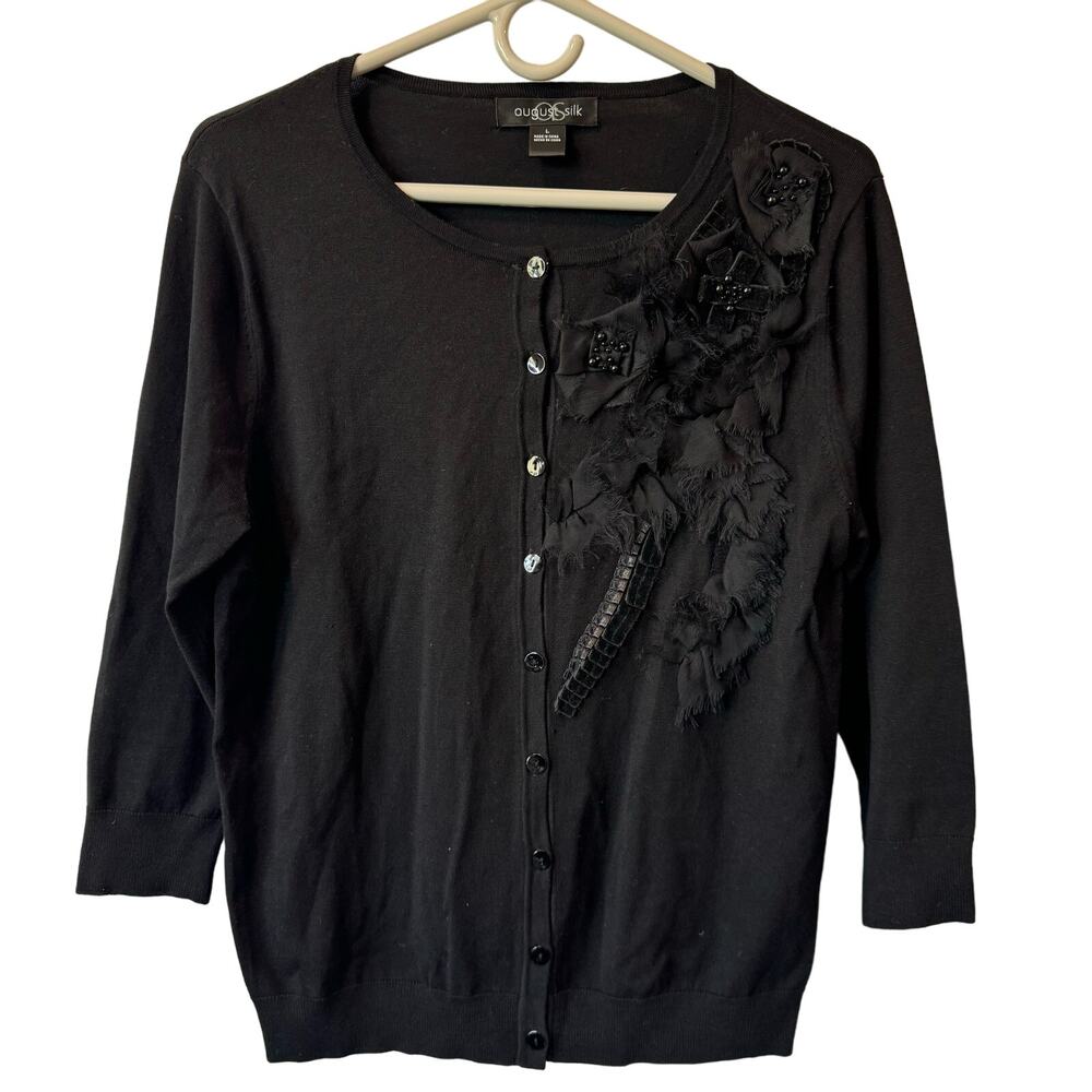 August Silk Academia Cardigan Sweater Black 3/4 Sleeves 3D Floral Silk Large